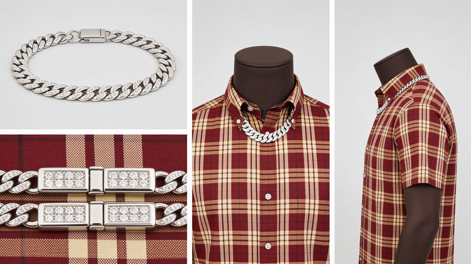 A silver chain shown alone, on a shirt collar and from the side