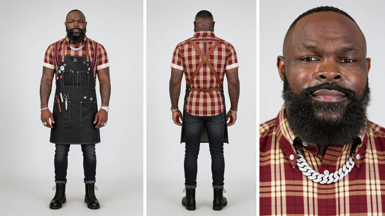 Character sheet of Marcus Reed: front view, back view and a close-up of his face