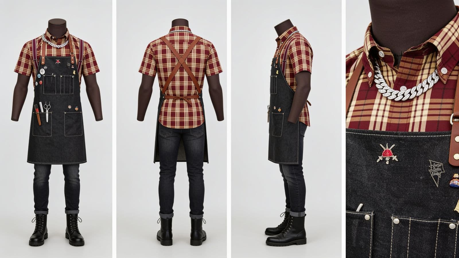 Marcus's plaid shirt, denim apron, jeans and boots on a mannequin from four angles