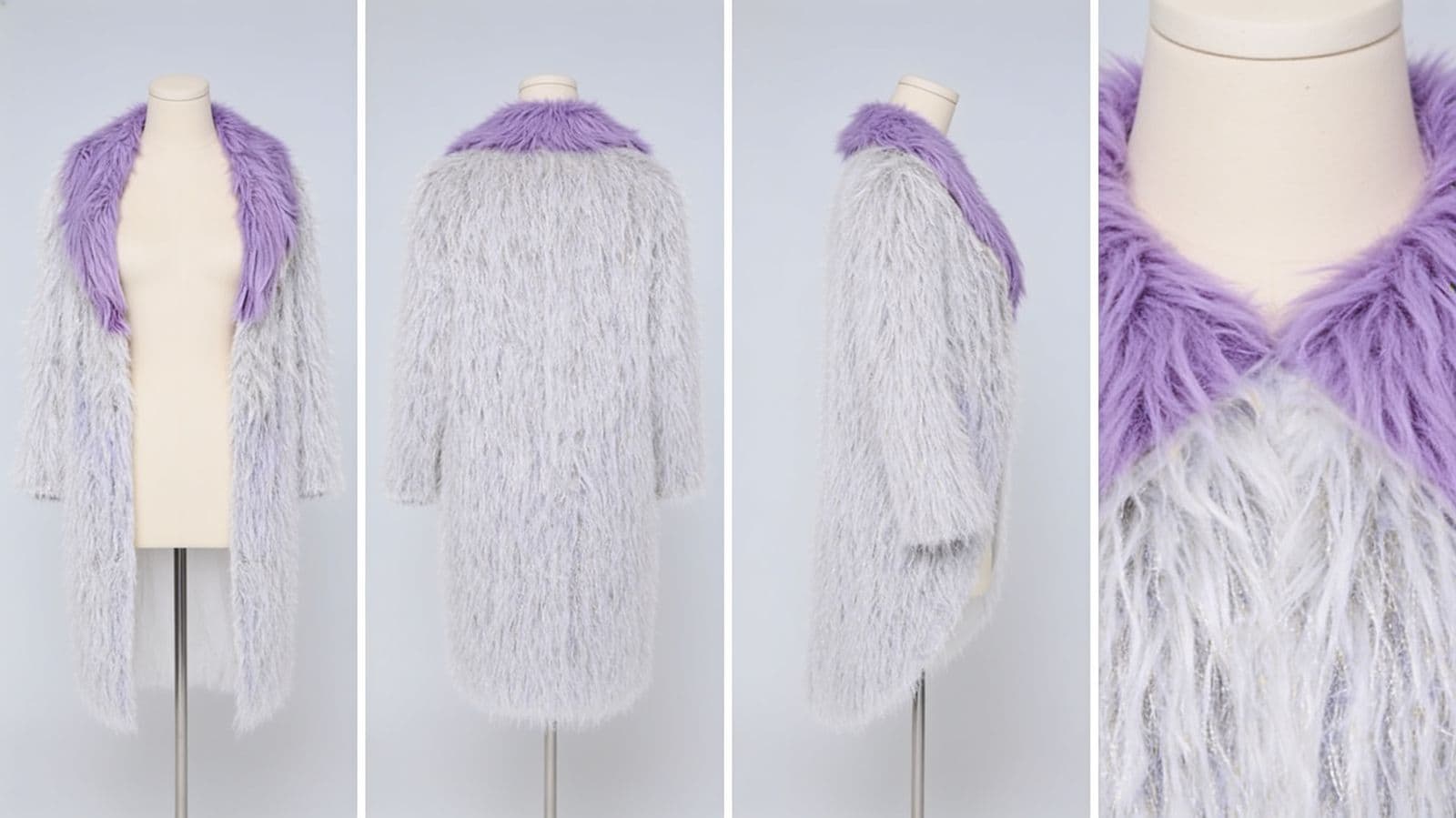 A long white faux-fur coat with a lavender collar from four angles