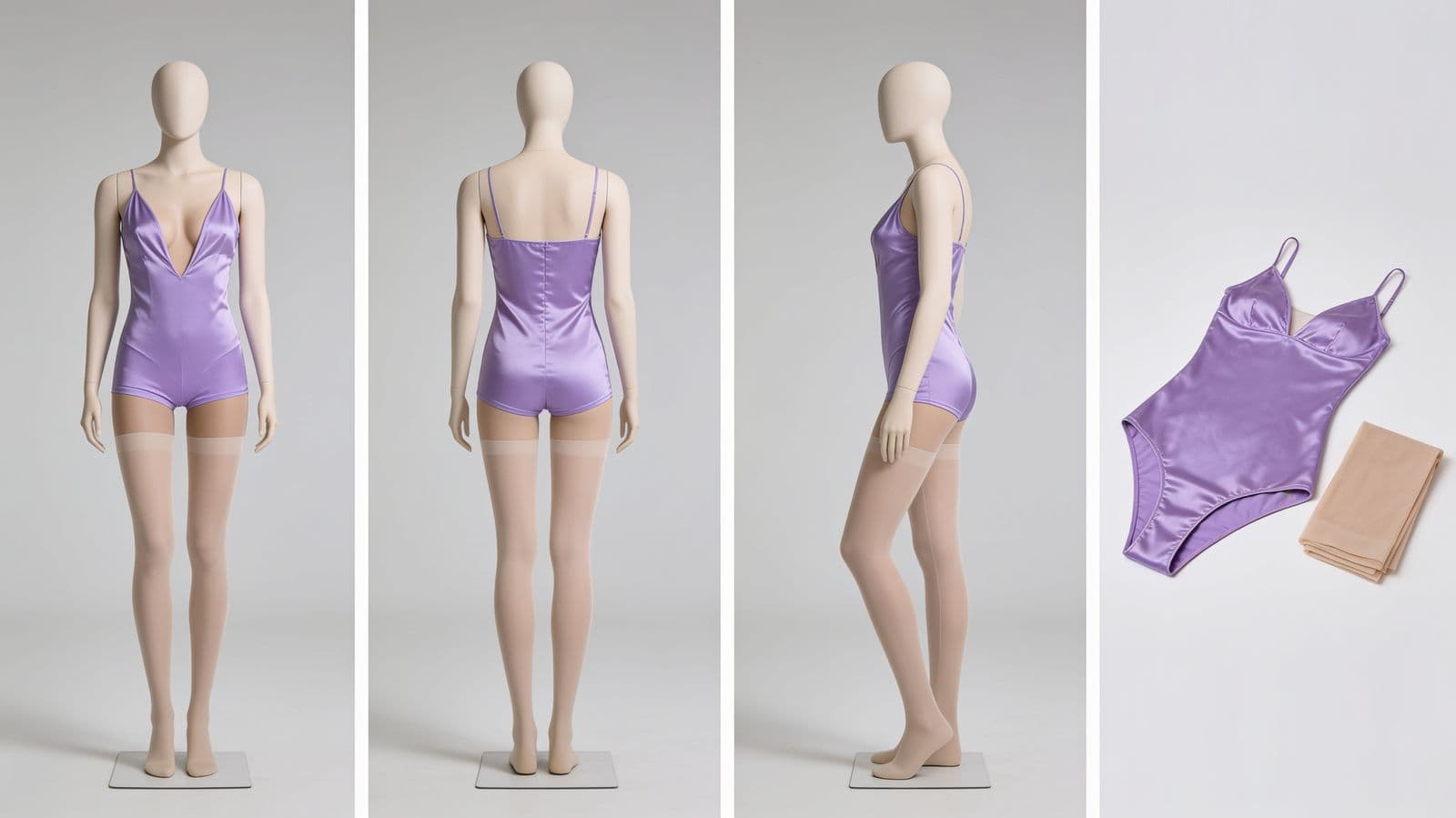 A lavender satin bodysuit on a mannequin from three angles