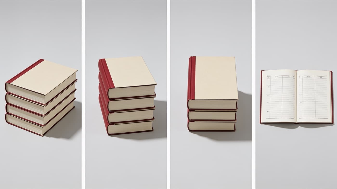 A stack of appointment books from several angles
