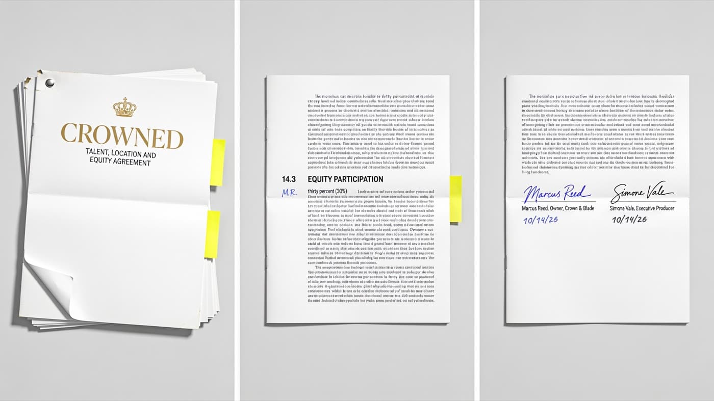 A stapled contract, an inside page and its signature page