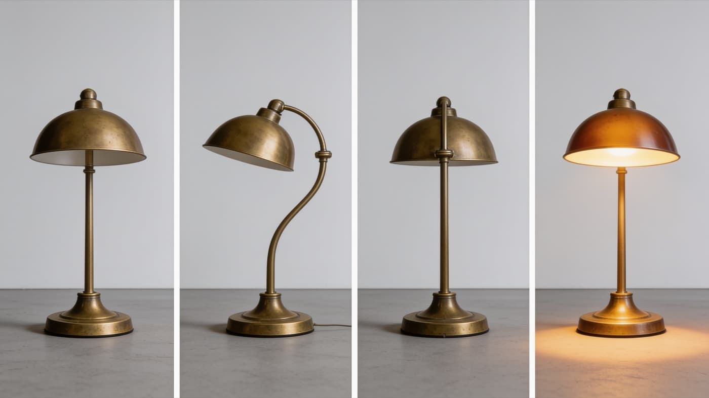 A brass desk lamp from several angles