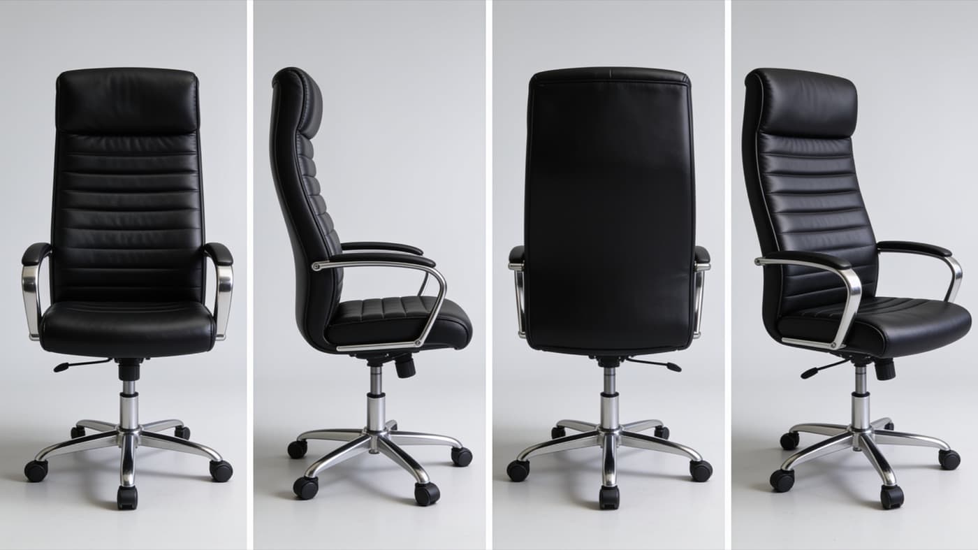A black leather office chair from four angles