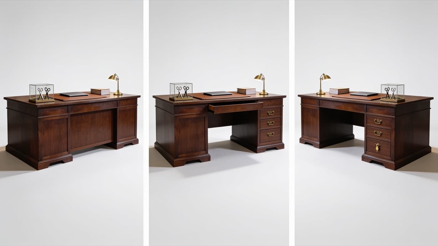 A dark wooden desk from several angles