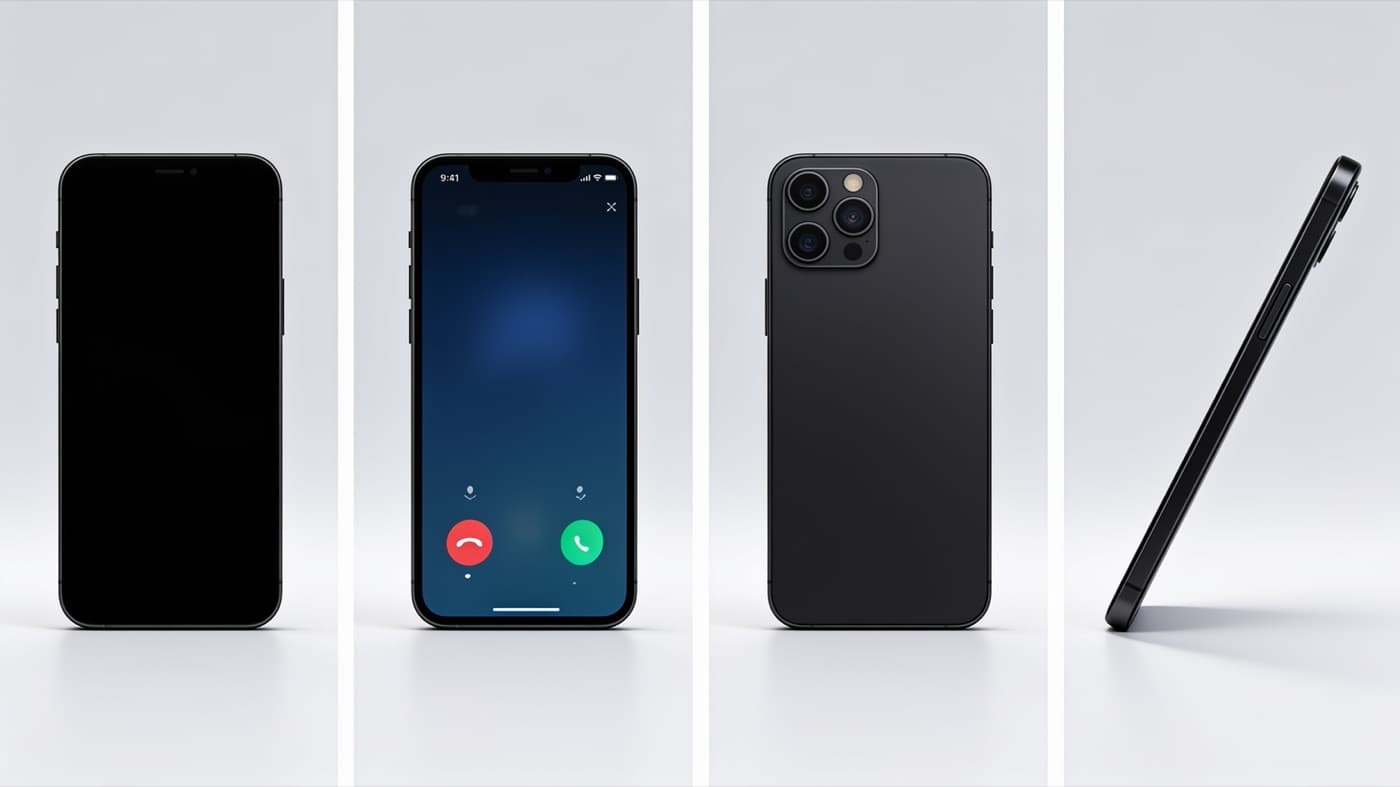 A black phone: screen off, an incoming call, the back and the side