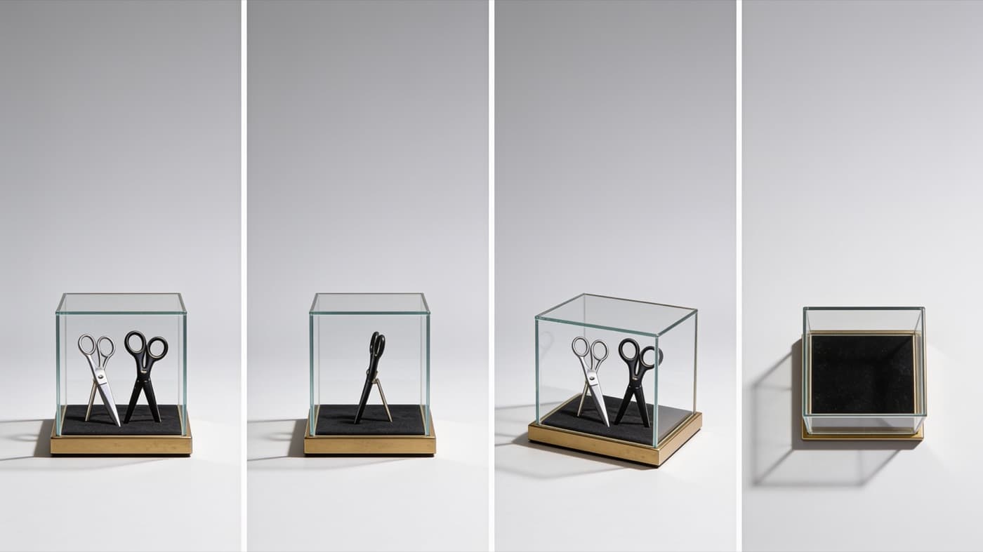 A glass display case holding two pairs of shears, from four angles
