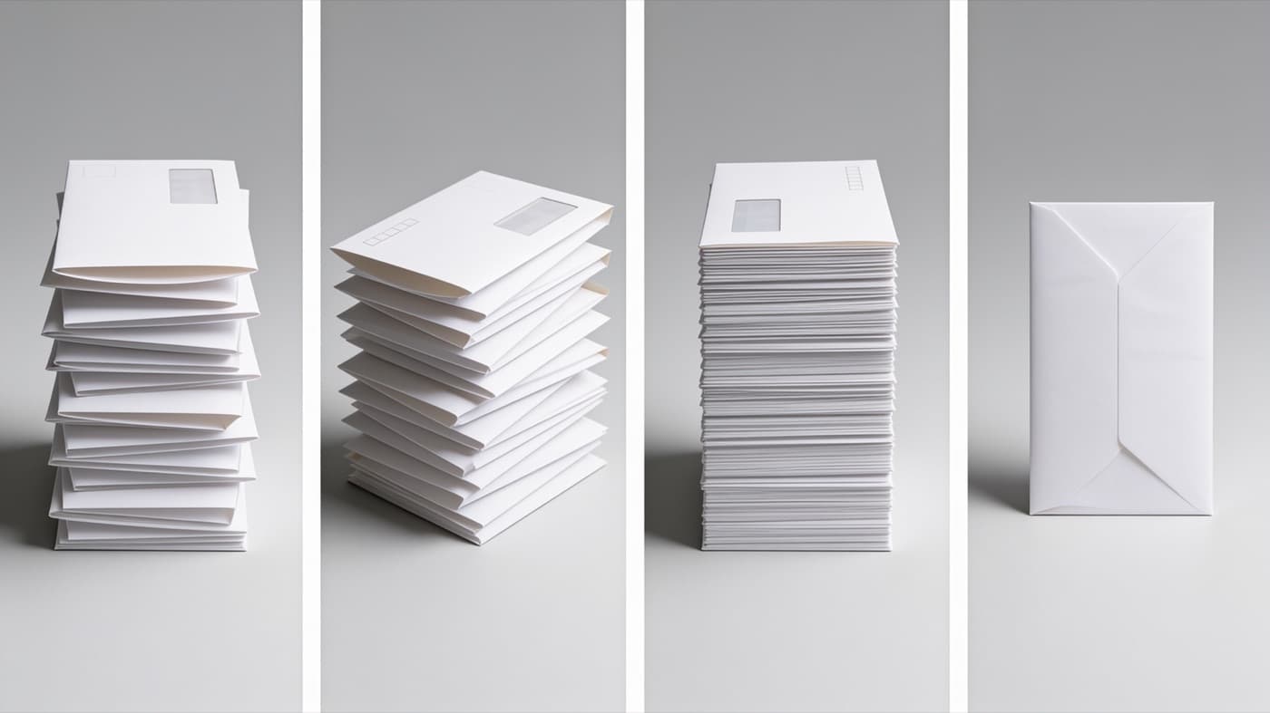 A stack of unopened white envelopes from four angles
