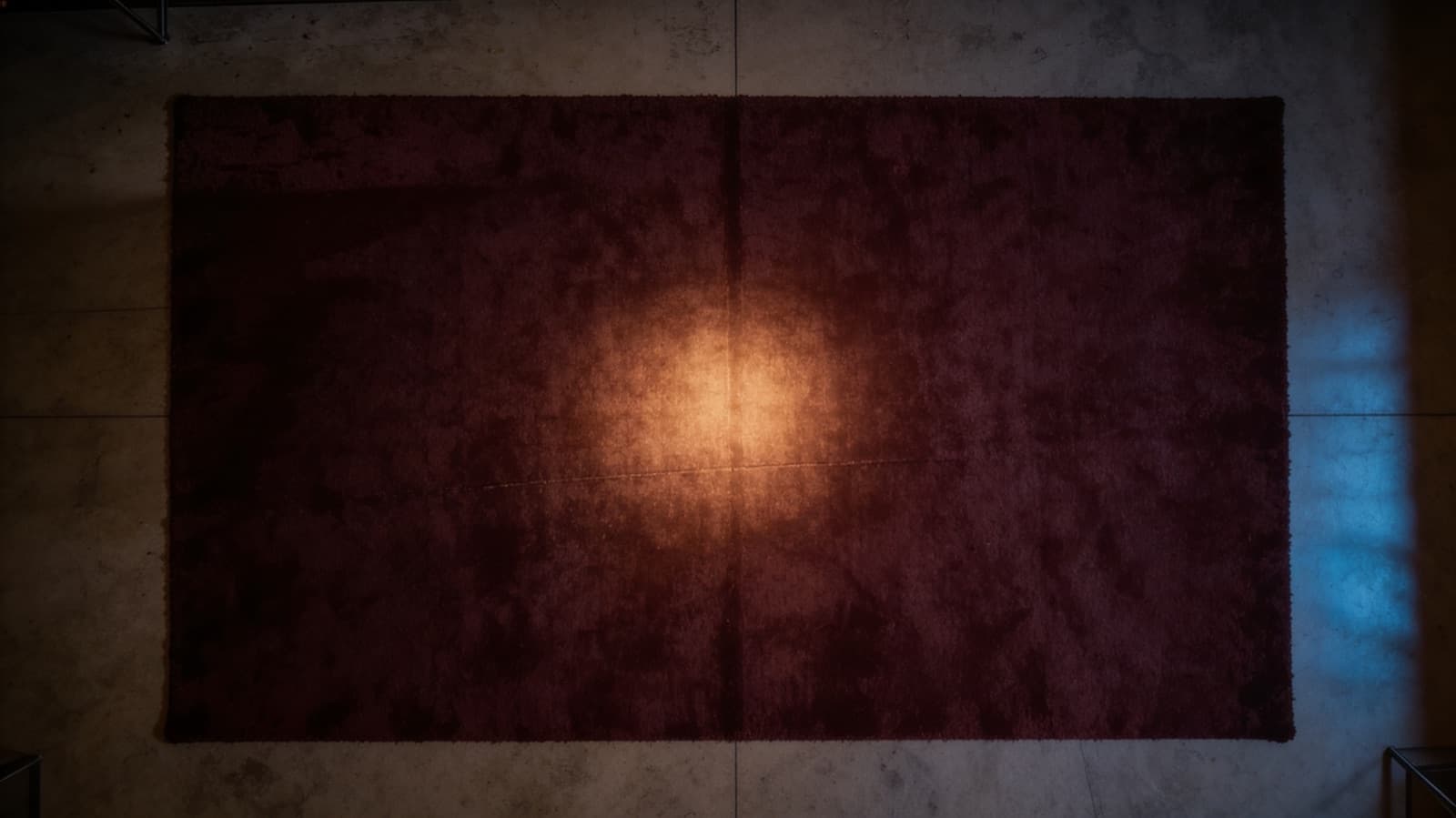 The office floor seen from above: dark concrete and a burgundy rug