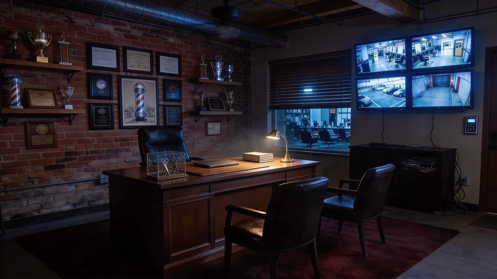 A barbershop owner's back office at night, a set built in the AI Studio