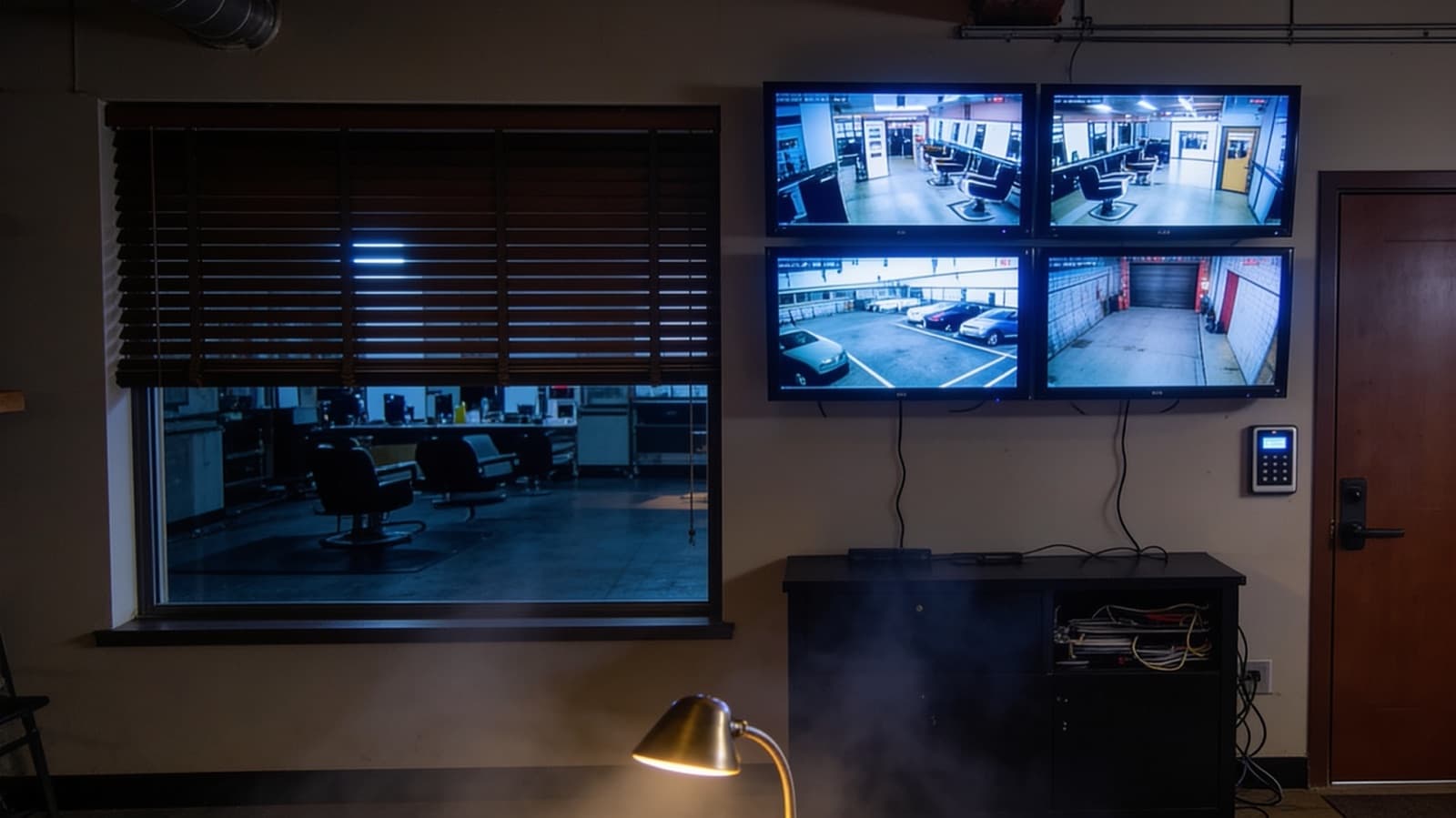 The office's east wall, lit by security monitors