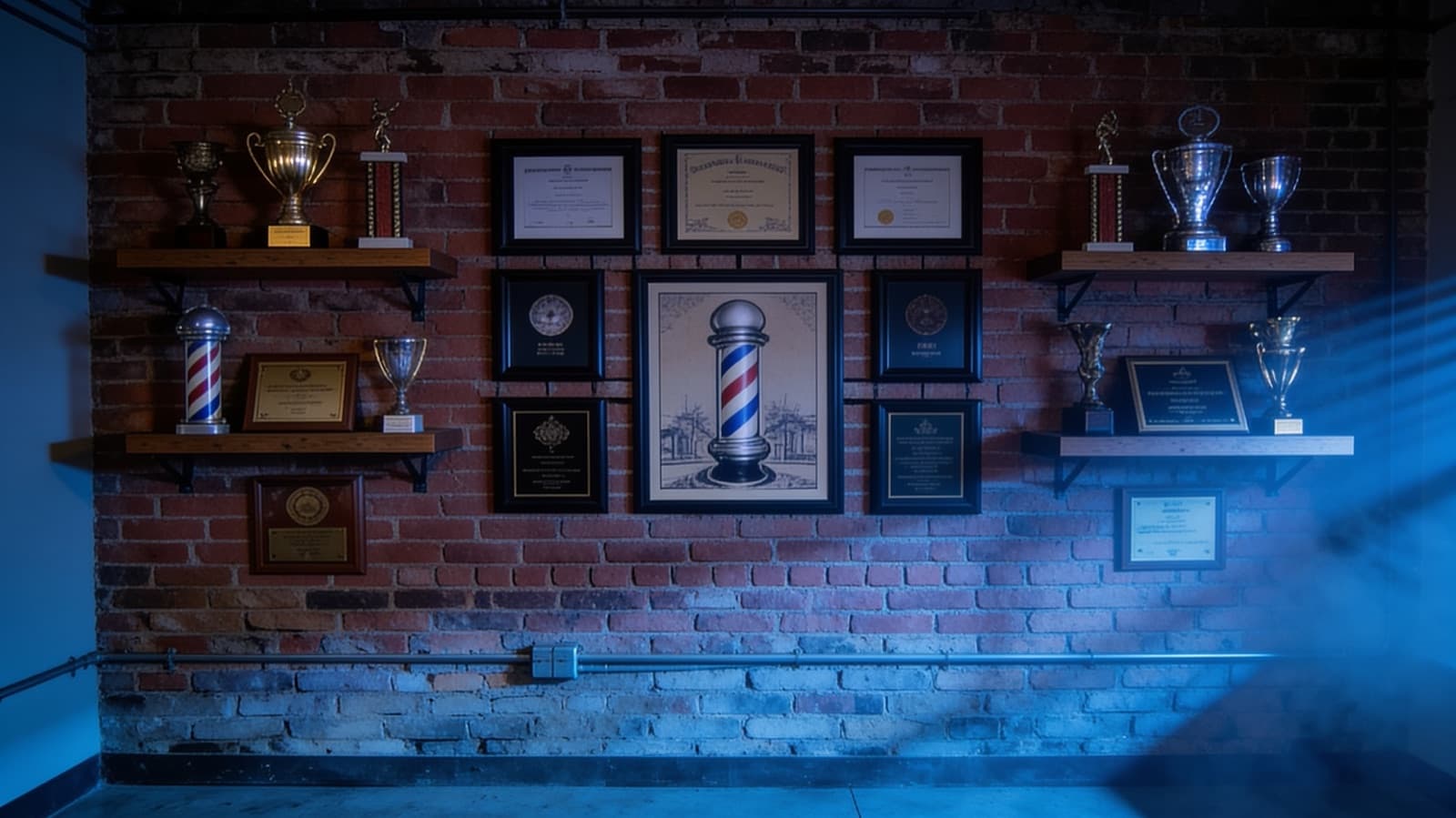 The office's north wall: red brick with trophies, framed certificates and barber poles