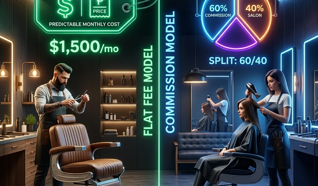 Booth Rent vs. Commission — modern barbershop and salon split screen comparison