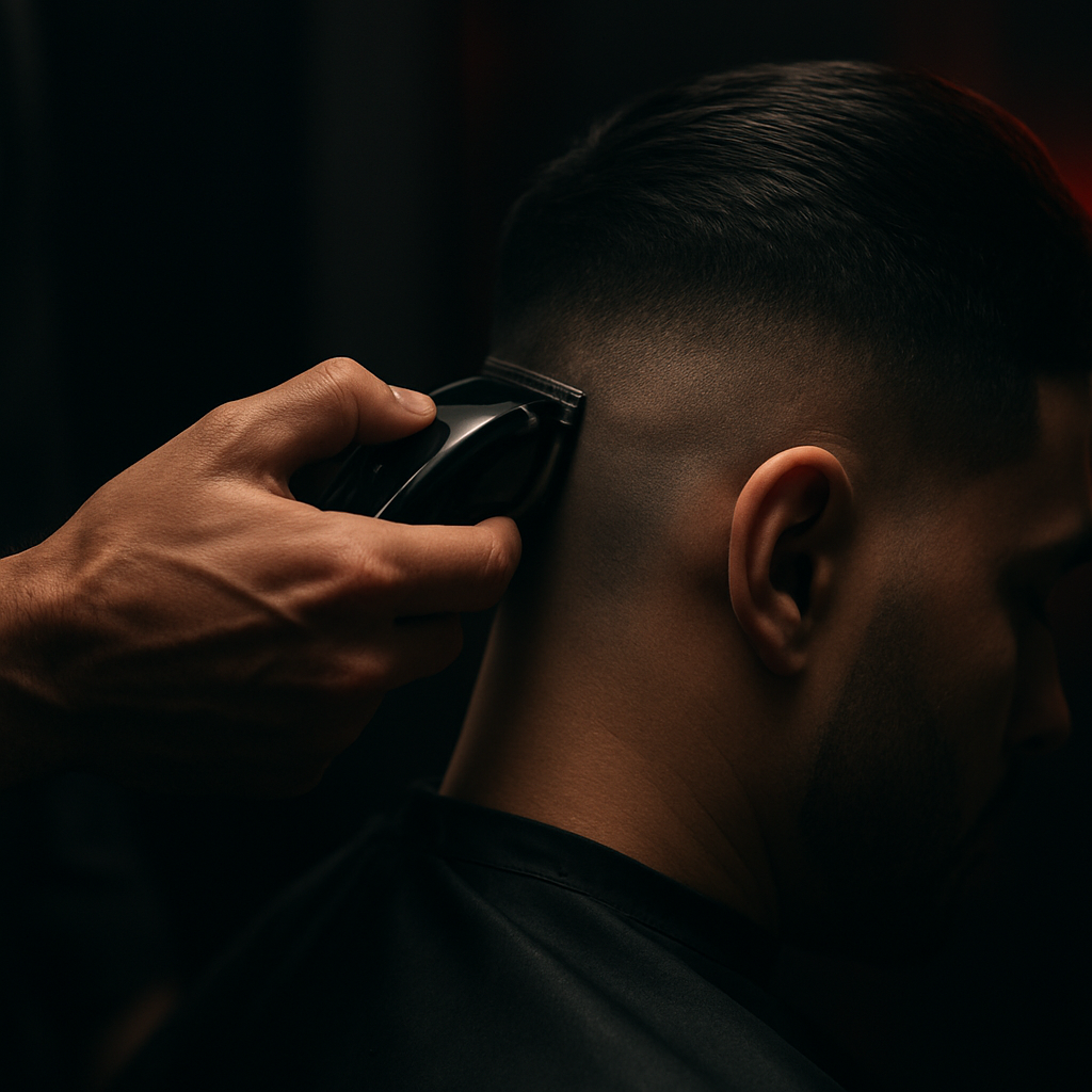 Barber giving a precision fade haircut